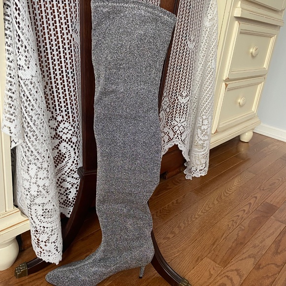 NWOT Buffalo Silver Lurex Fabric thigh High Over-the-knee stiletto heel boot - Picture 7 of 11